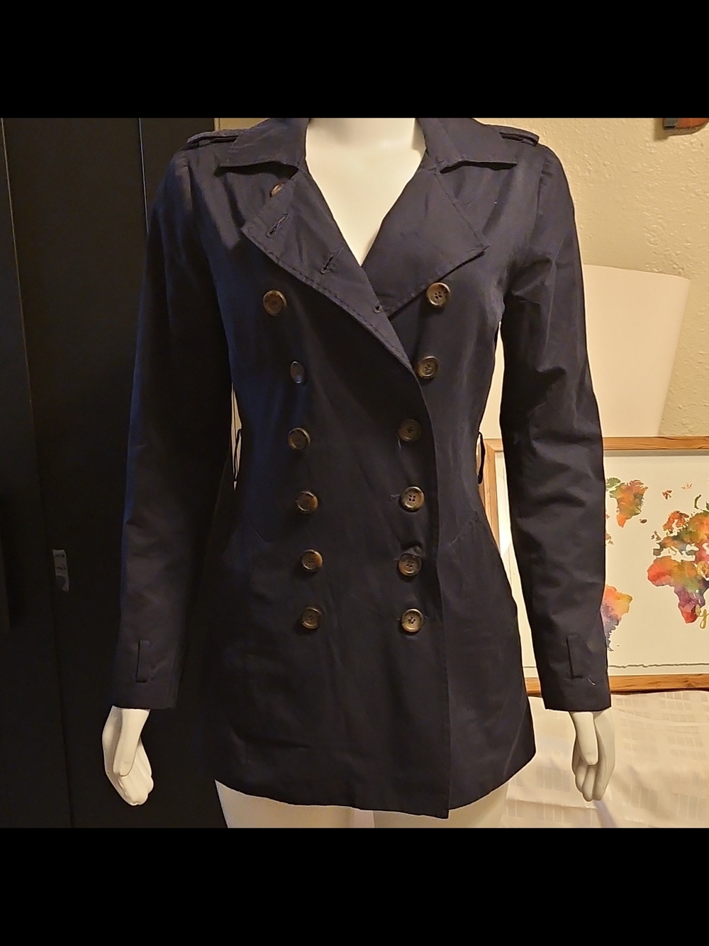Forever 21 Navy Double Breasted Trench Coat w/ Pinstripe Lining Small